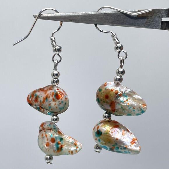 Silver Plated Confetti Dyed Bourque Pearl Beaded Dangle Earrings Boho Unique - Picture 2 of 7